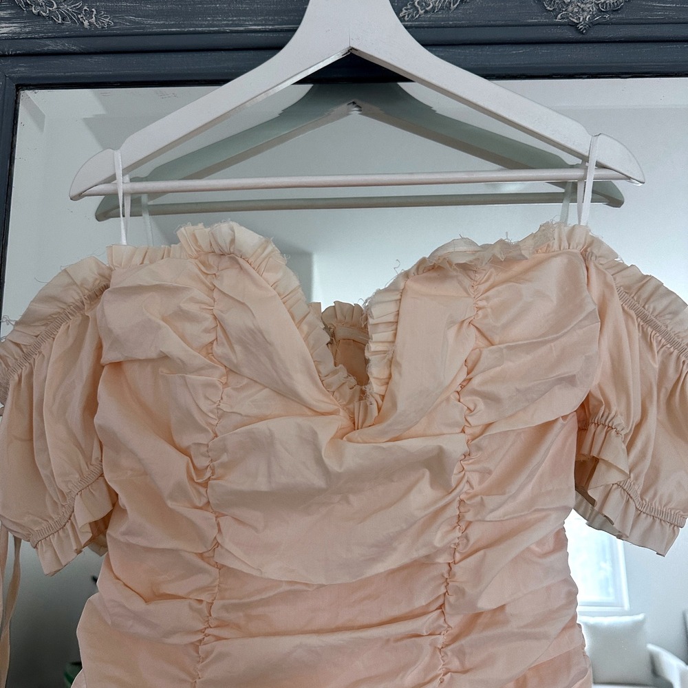 Choosy Ruched Off The Shoulder Bodycon Mini Dress Ruffle Sweetheart Peach 6 S - Picture 8 of 11